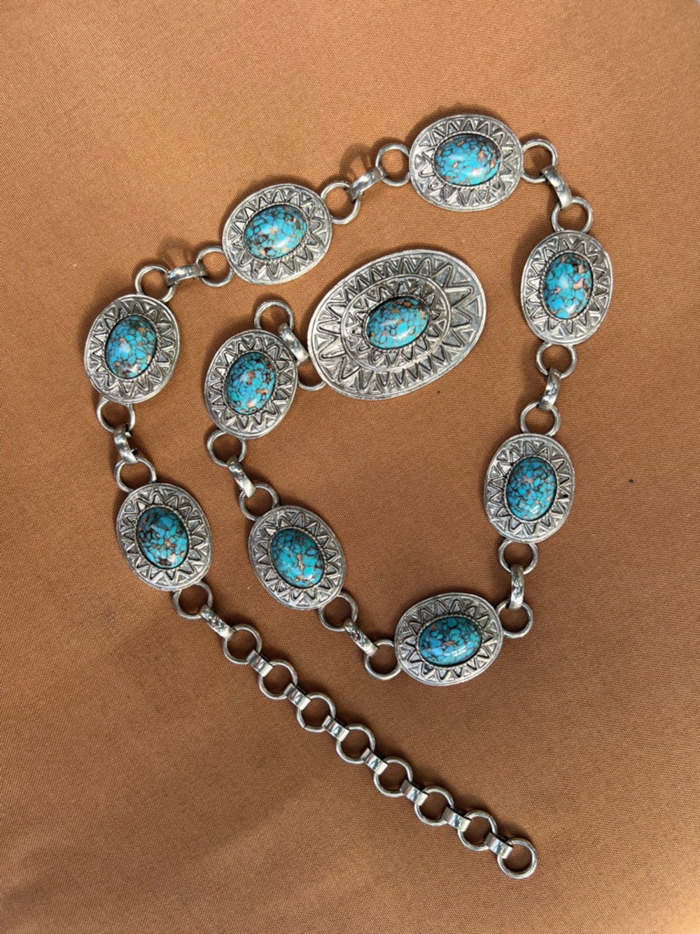 Gorgeous WesternTurquoise Concho Chain Belt Silver Tone 38” Boho VTG Style 220gr